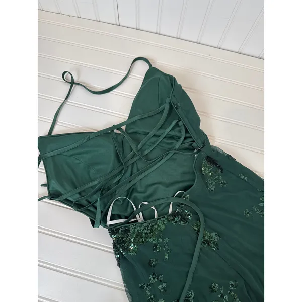 NWT Lulus Valhalla Forest Green Sequin Lace-Up Maxi Dress Glam Holiday Size M - Image 7
