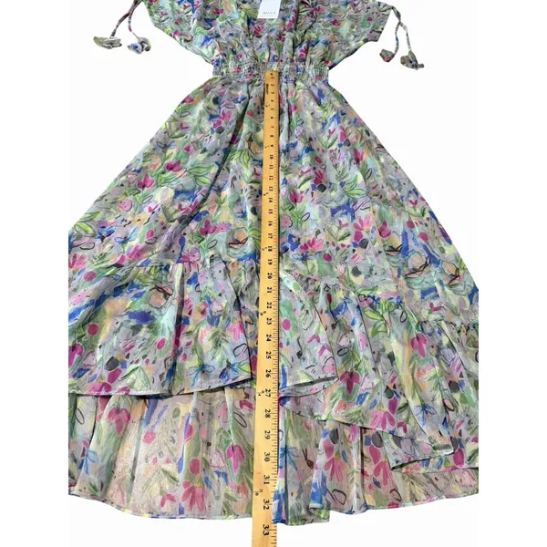 MISA Los Angeles Dress Small Watercolor Floral Midi Smocked Rainbow Boho #BB13-1 - Image 5