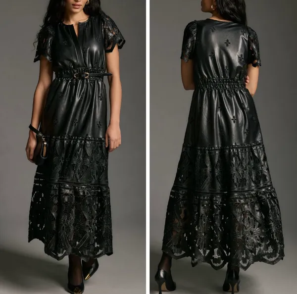 The Somerset Faux Leather Embroidered Cutwork Maxi Dress, Size XXS - Image 2