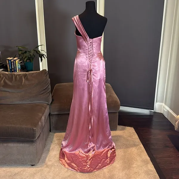 Women’s Pink One Shoulder Satin Dress Mermaid Fit Leg Slit Corset Size 8 *READ - Image 5