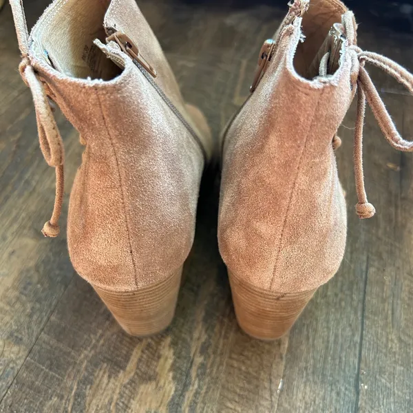 Lucky Brand Jaevin Tan Suede Peep Toe Wedge Booties Lace Up Side Zip Mens 9M‎ 39 - Image 7