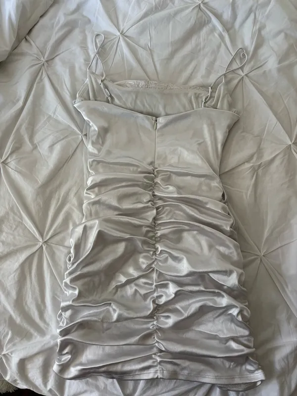 Lucy in the Sky High-Cowl Ruched Dress in White Satin - Image 4