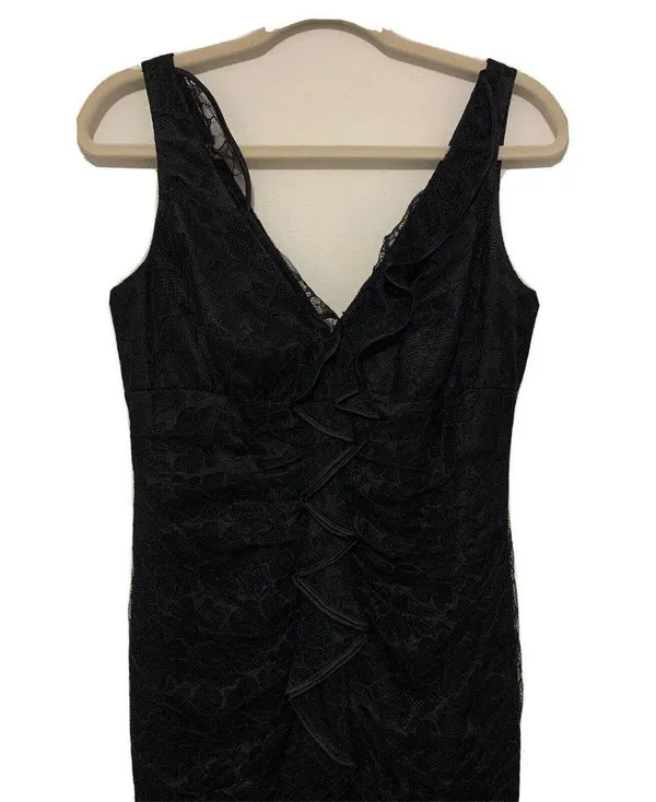 Carmen Marc Valvo Size 6 Black Silk Lace Overlay Ruffle Sleeveless Midi Dress - Image 2