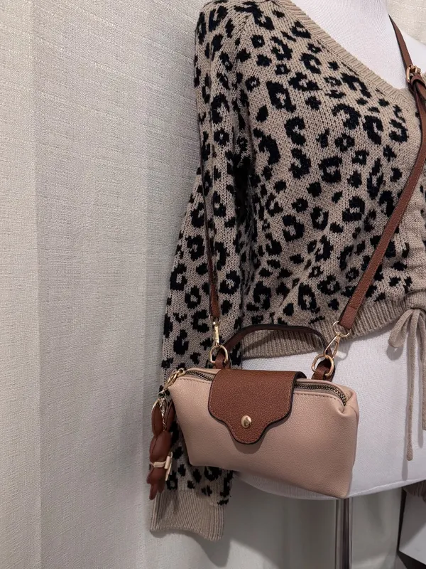 Stella Tan Beige Mini Crossbody Bag w/ Brown Faux Leather Trim & Bunny Charm - Image 5