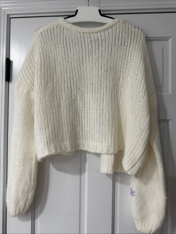 Reserved Women’s Cream Open Front Knit Cardigan with Lilac Floral Detail Size S - Image 11