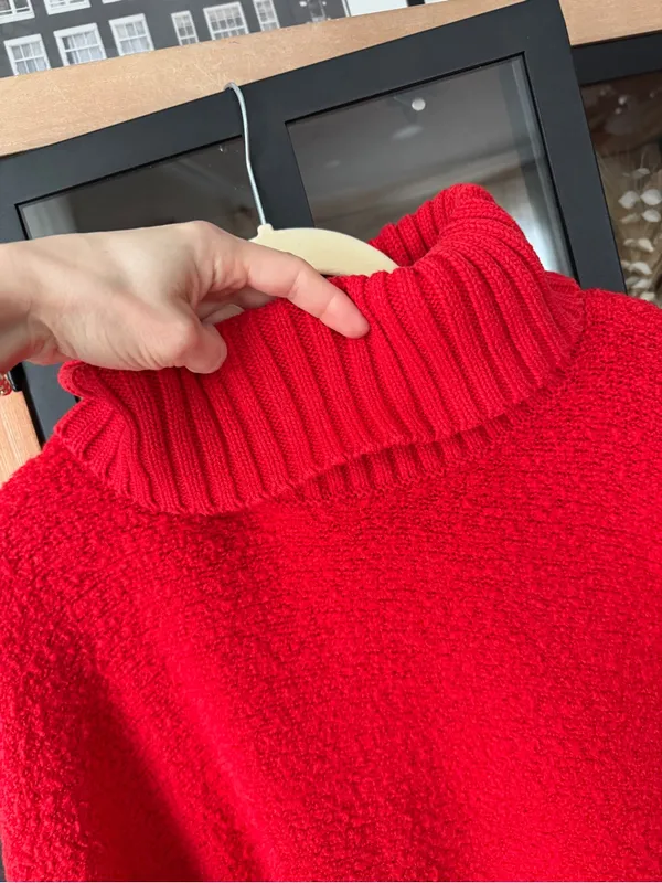Aerie turtleneck boucle sweater textured red wool oversized rib knit tunic - Image 5