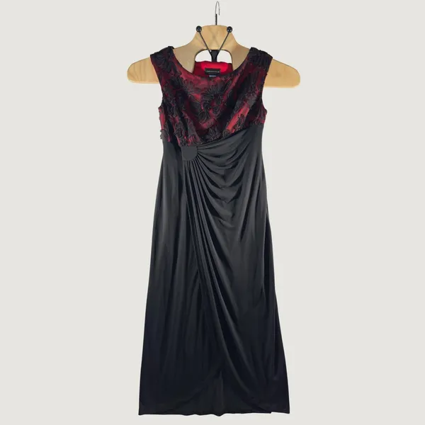Connected Apparel 3085 | Floral Lace Draped Maxi Gown Black Burgundy Dark Romantic Formal Women 6 - Image 2