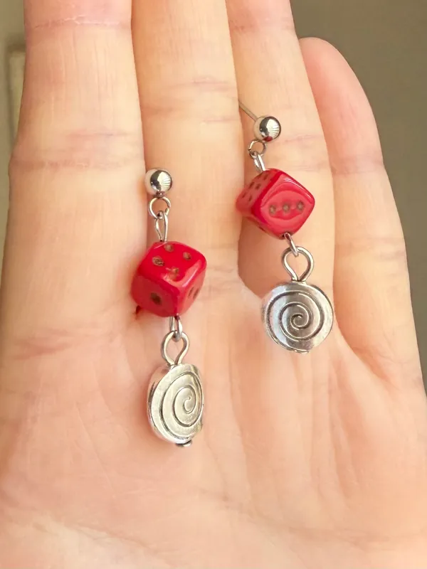 Handmade y2k funky unique red dice Czech glass & swirl dangle earrings ❤️🌀 - Image 2