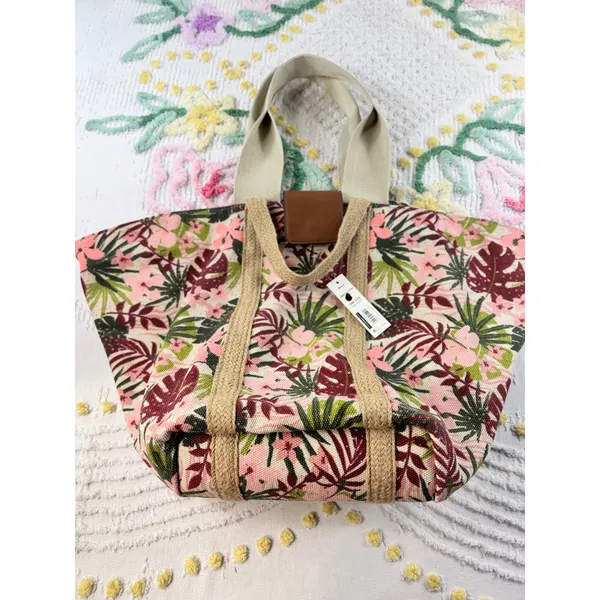Tropical Floral Canvas Beach Tote Bag‎ Pink Green Palm Leaf NB211145 NEW - Image 2