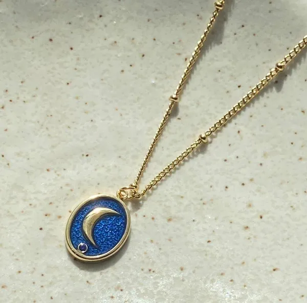 Handmade gold stainless steel blue celestial whimsical chic moon necklace🌟 - Image 4