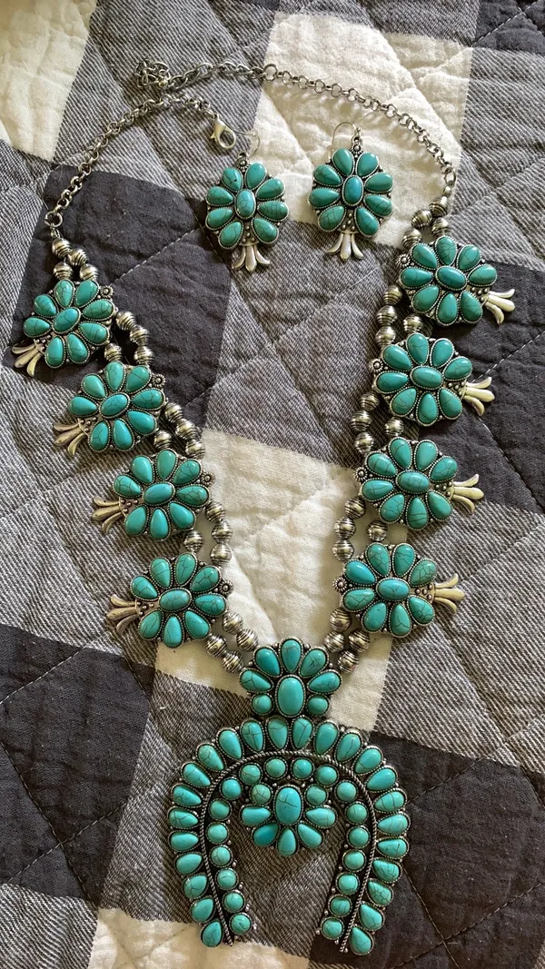 Western Turquoise Squash Blossom Earring And Necklace Set - Image 3