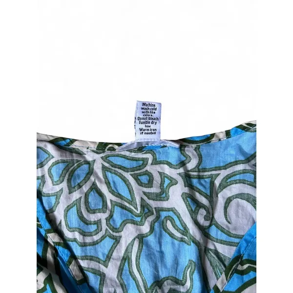 Tropical Floral Puff Sleeve Mini Dress Coastal Resort Cotton Blue Green Small - Image 4