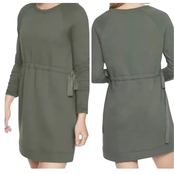 Athleta Studio Cinch Green Sweatshirt Dress Small Tie Waist Athleisure - Image 2