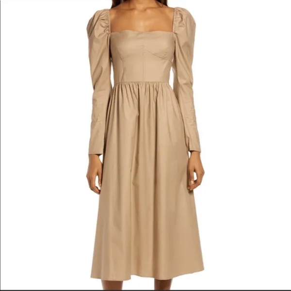 Reformation Luce Long Sleeve Midi Dress in Khaki Tan - Image 5