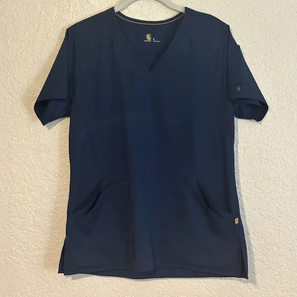 Carhartt Navy Blue V‎ Neck Force Scrub Top Short Sleeve Pockets Size S - Image 7