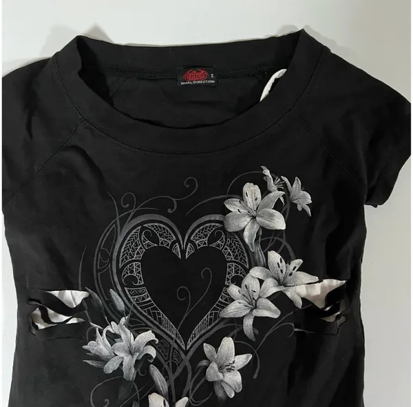 Spiral Black White Hibiscus Flower Floral Y2K Layered Shirt Top Blouse Tee Size S 🤍🖤 - Image 3