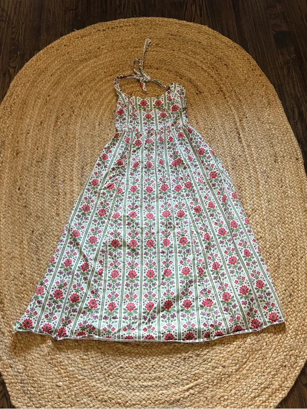 HILL HOUSE The Fleur Midi Dress Green Floral Block Stripe Size Small - Image 3