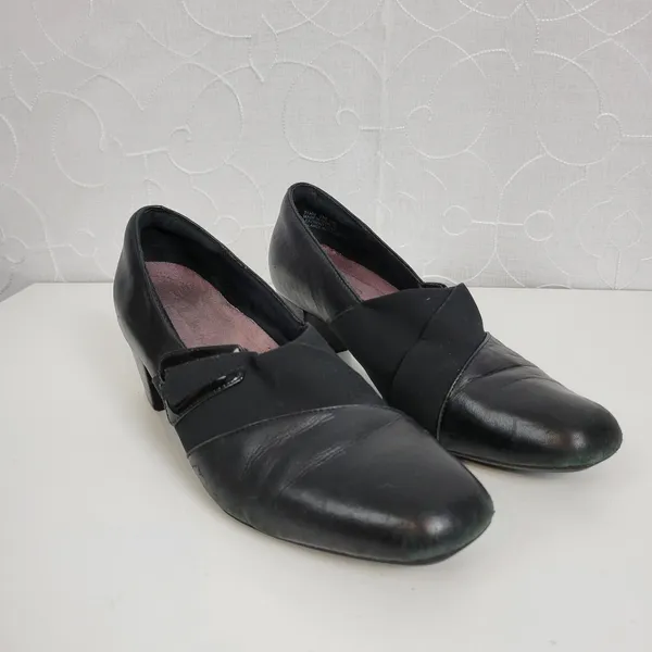 Clarks Womens Shoes Size 7.5 Black Leather Sugar Spice Heeled Slip On Pumps - Image 5