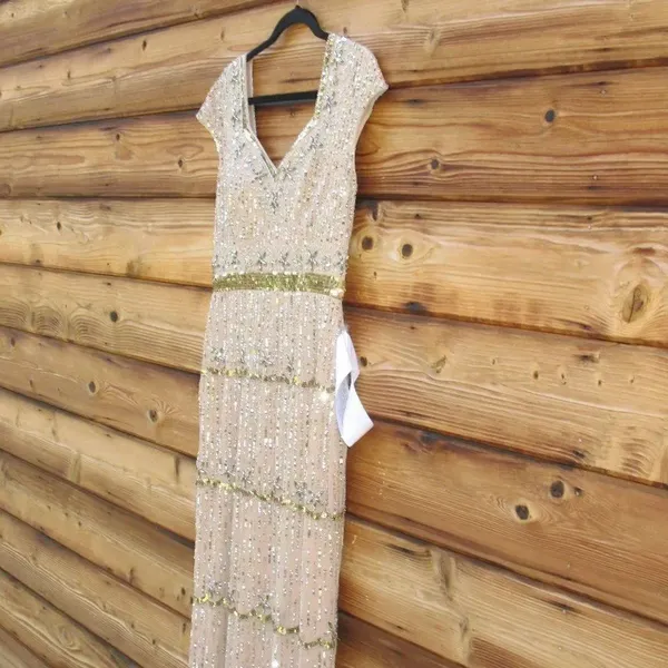 NWT Mac Duggal 9089 Cap Sleeve Embellished Gown Nude 8 - Image 7