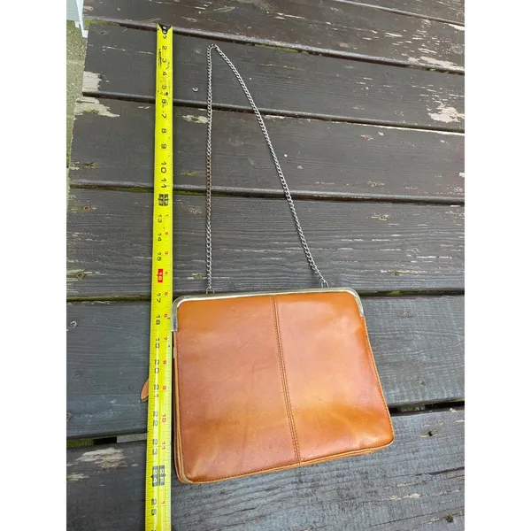 Vintage Tan Leather Clutch Bag Silver Chain Shoulder Strap Frame Top Cognac - Image 4