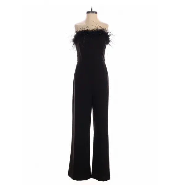 The Noli Shop Black Jumpsuit Feather Trim Strapless Small Glam Party Chic - Image 2