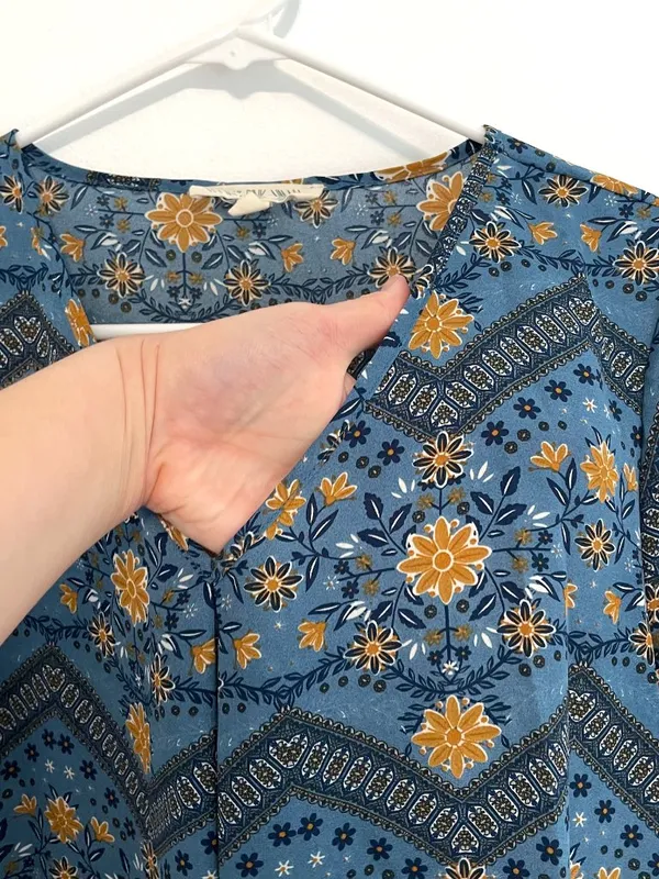 PINK ROSE Blue Mustard Navy Floral Chevron 3/4 Sleeve Roll Tab Sleeve Blouse Top - Image 5