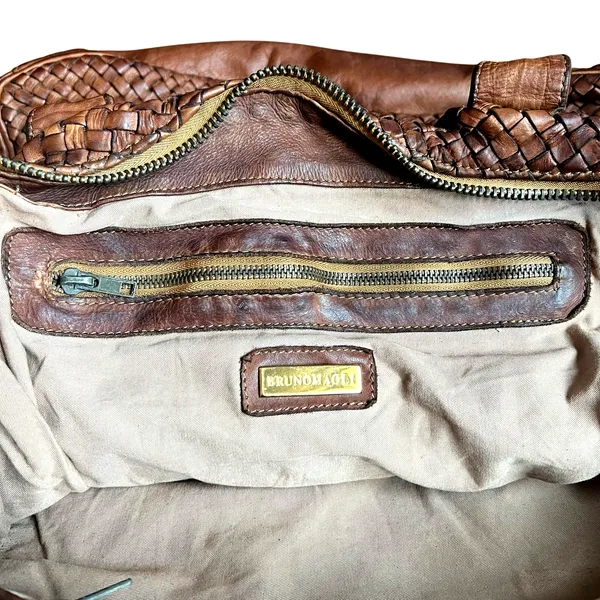 Bruno Magli Brown Woven Leather Duffle Satchel Travel Bag Made Italy Y2K - Image 11