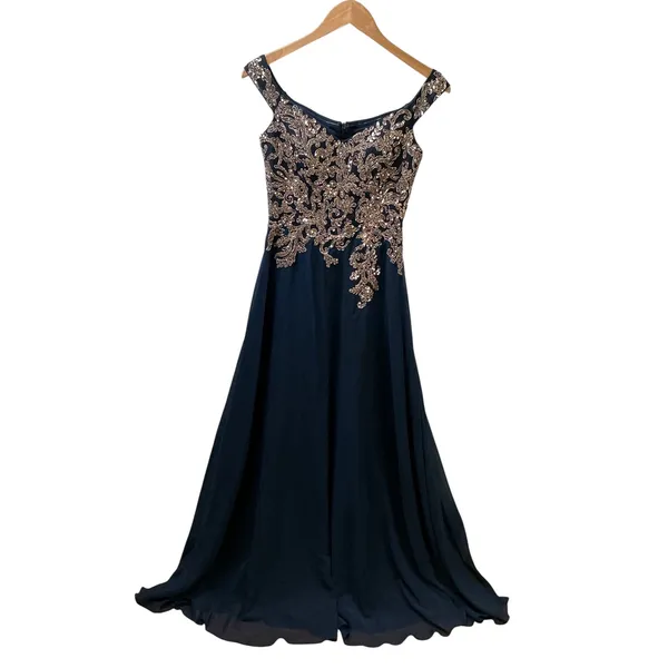 Betsy & Adam Navy Blue Gold Sequin Embroidered Gown ‎ Size 2 Sweetheart V-Back - Image 4