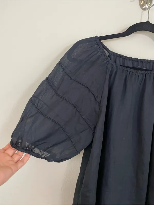 J. Crew Black Puff Sleeve Ramie Top Size Medium - Image 4