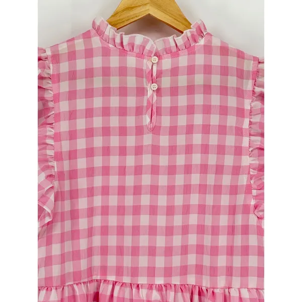 Entro Pink Plaid‎ Checkered Gingham Dress Small Tiered Babydoll Mini Ruffle Neck - Image 5