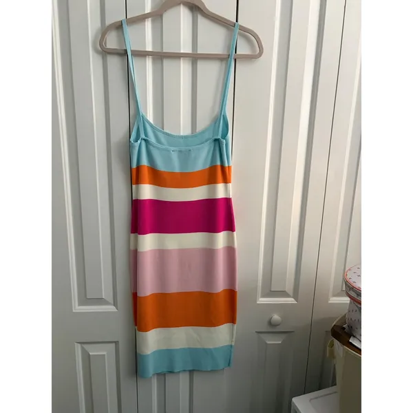 AKIRA Striped Bodycon Mini‎ Dress Light Blue Orange Pink White Women's Large - Image 2