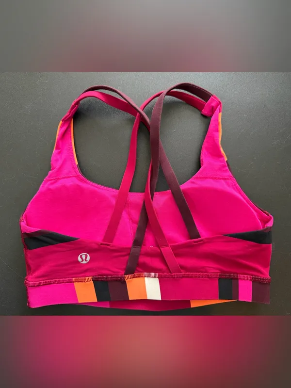 Lululemon Sports Bra Women's Size 4 Pink Orange Striped Active Wear Yoga Stretch - Image 2