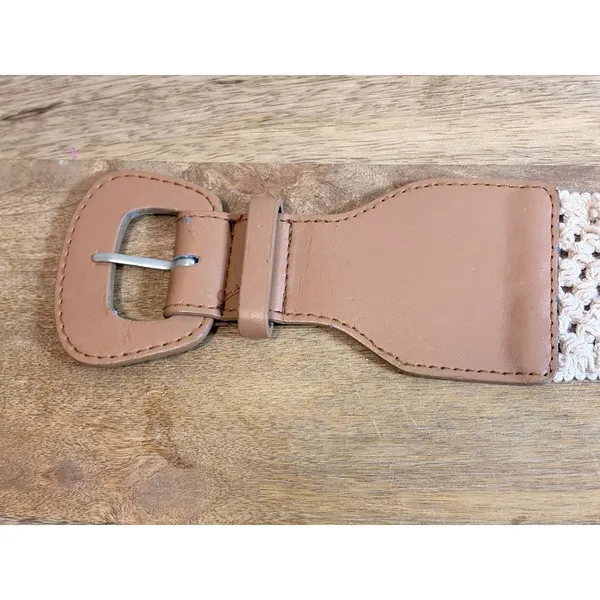 Boho Crochet Cinch Waist Belt Tan Cream Faux Leather Buckle Wide Small - Image 2