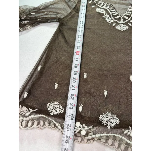 Sundance Brown Mesh Embroidered Tunic Top V-Neck 3/4 Sleeve Boho Floral Large - Image 9