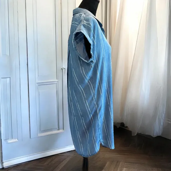 Oso Casuals‎ dress Short sleeve M Blue White Striped Button Front Pleated Back - Image 4