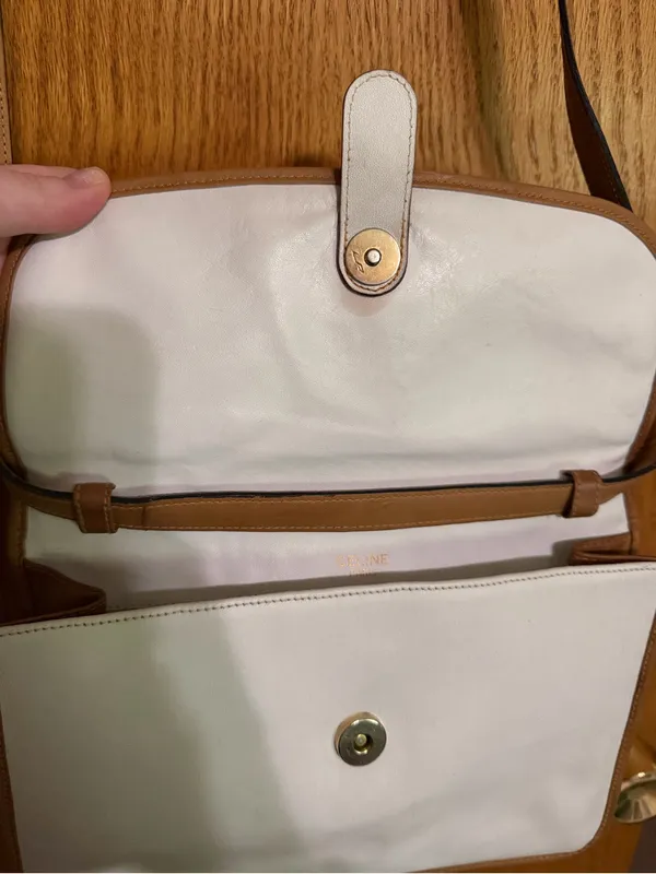 Celine crossbody bag White Leather Tote with Brown Trim and Gold Plaque - Image 9