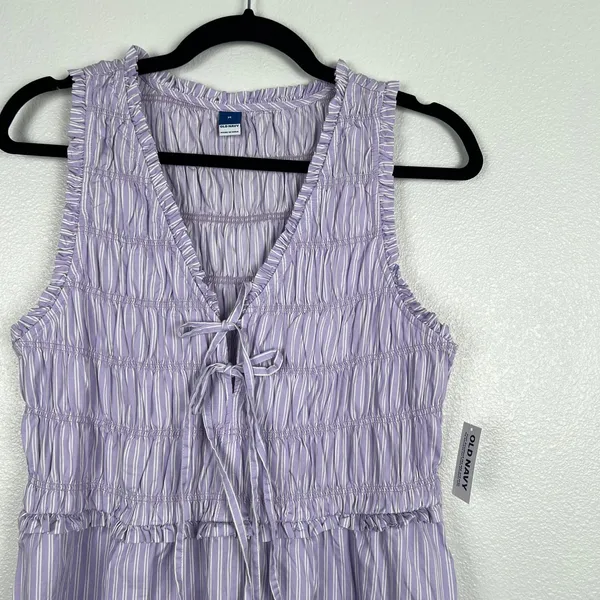 Old Navy Womens‎ Fit & Flare Smocked Bodice Mini Dress Purple Striped M NWT - Image 4