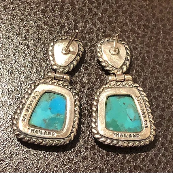 BARSE Sterling Silver Rope Edged Turquoise and Coral Drop Earrings - Image 2