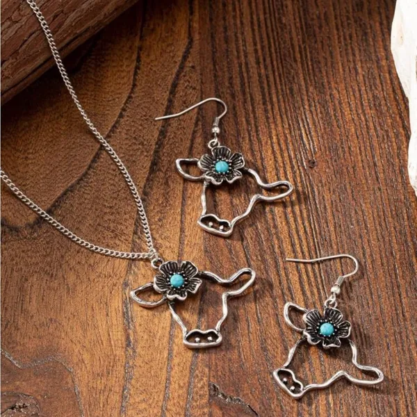 Silver Floral Cow Head Jewelry Set with Turquoise Accents - Image 2