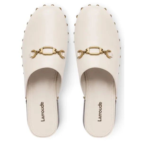 Larroudé Zuzi Ivory Leather Retro Horsebit Clog Mules Studded Wood Heel 6 NWOT - Image 3