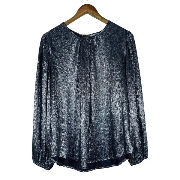 Loft Shimmer Metallic Pleated Blouse Silver Holiday Party Puff Sleeve Size L - Image 2