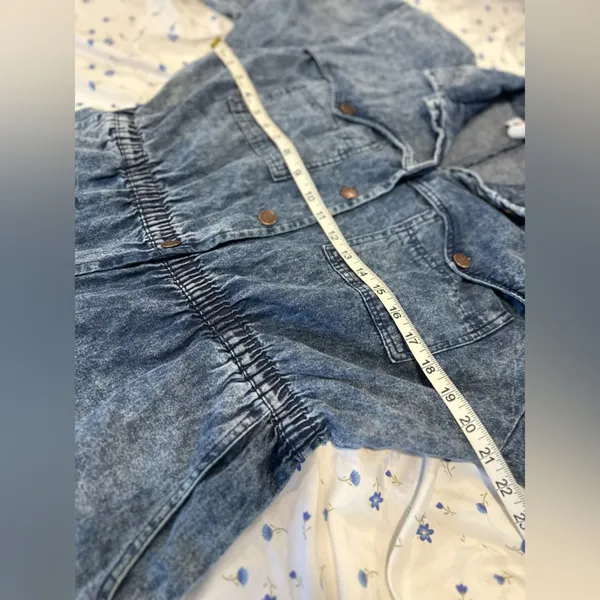 VTG 80s Denim Sz:L Acid Wash One Piece Shorts Jumpsuit Rockabilly utility-style - Image 3