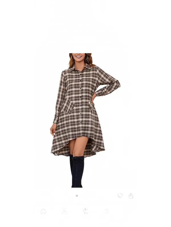 Asymmetrical Hem Plaid Long Sleeve Shirt Dress Tunic Flannel Style - Image 3