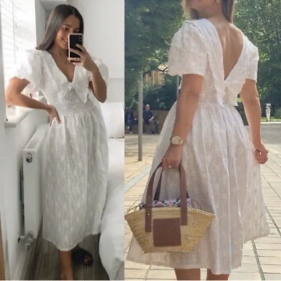 Zara White Embroidered Eyelet Lace Midi Dress‎ in Oyster White Size Small - Image 12