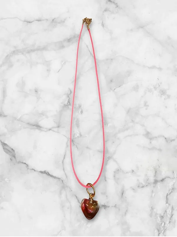 Pink Cord Necklace with Iridescent Heart Pendant - Image 2