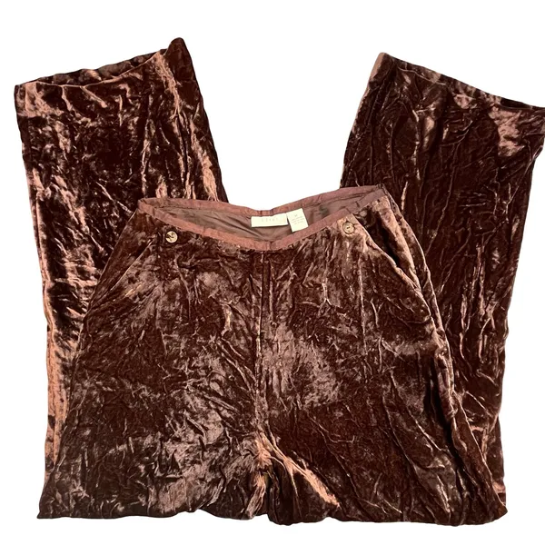 J. Jill Womens Wide Leg Pants Brown‎ Crushed Velvet Boho Holiday Elegant 10 - Image 3