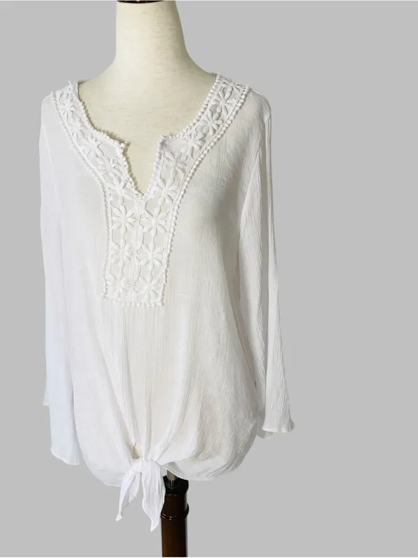 SPENSE Eyelet Lace Accent Tie Front Top White Size L - Image 2