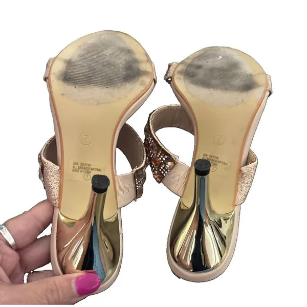 Italina Sandal Size 7 Strappy Stiletto Heel Rhinestone Rose Gold - Image 4