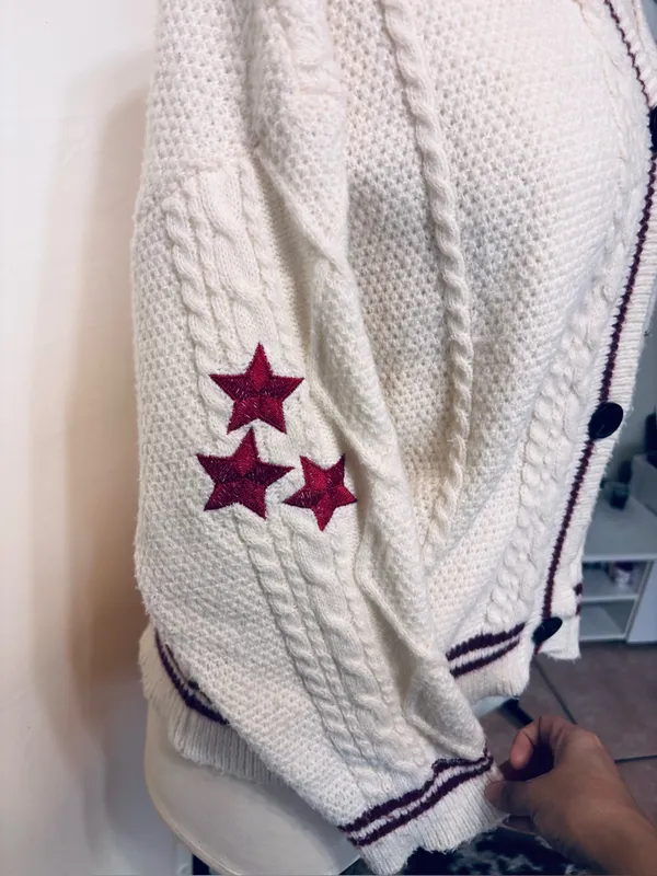 Taylor Swift Inspired Folklore Sweater Women Cardigan Small Cable Knit Stars red - Image 12