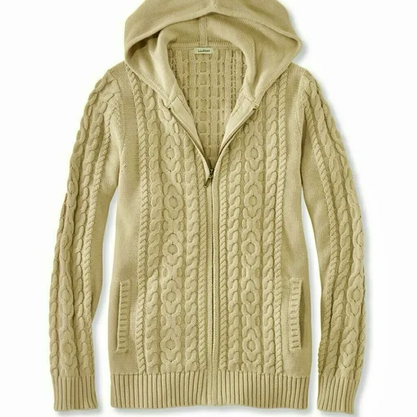 LL Bean Yellow Double L Mixed Cable Full Zip Hoodie Pockets Cotton Sweater SMALL - Image 12